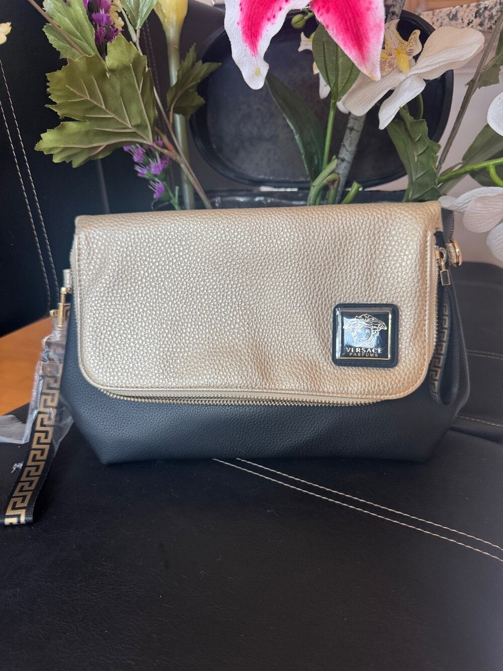 VERSACE Parfums Gold Black Faux Leather Clutch Crossbody Bag (800